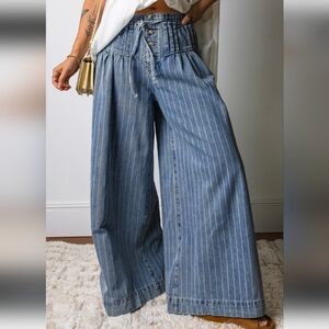 Wide Leg Pinstripe Denim Pants - Light Blue